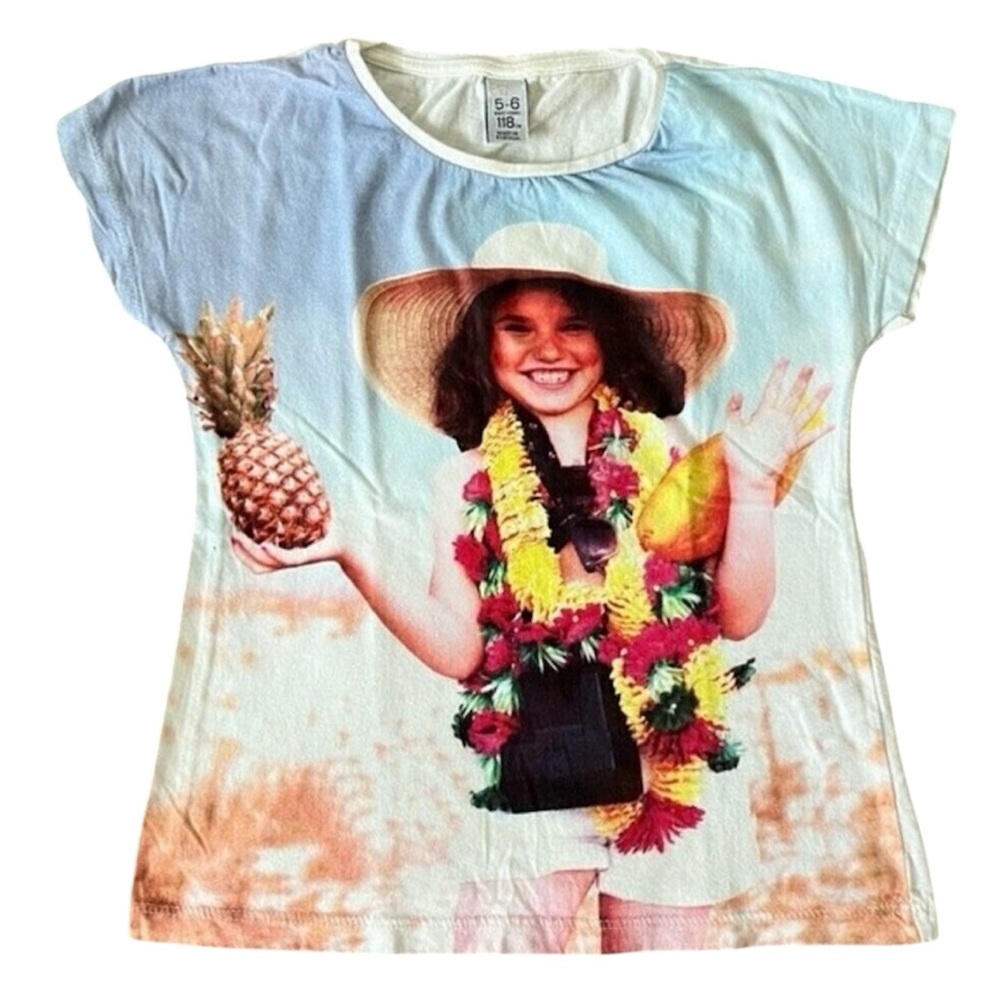 Zara Kids Bundle 3 Graphic T-Shirts Girls 5-6 Leopard Fringe Tropical Portrait - Picture 2 of 7